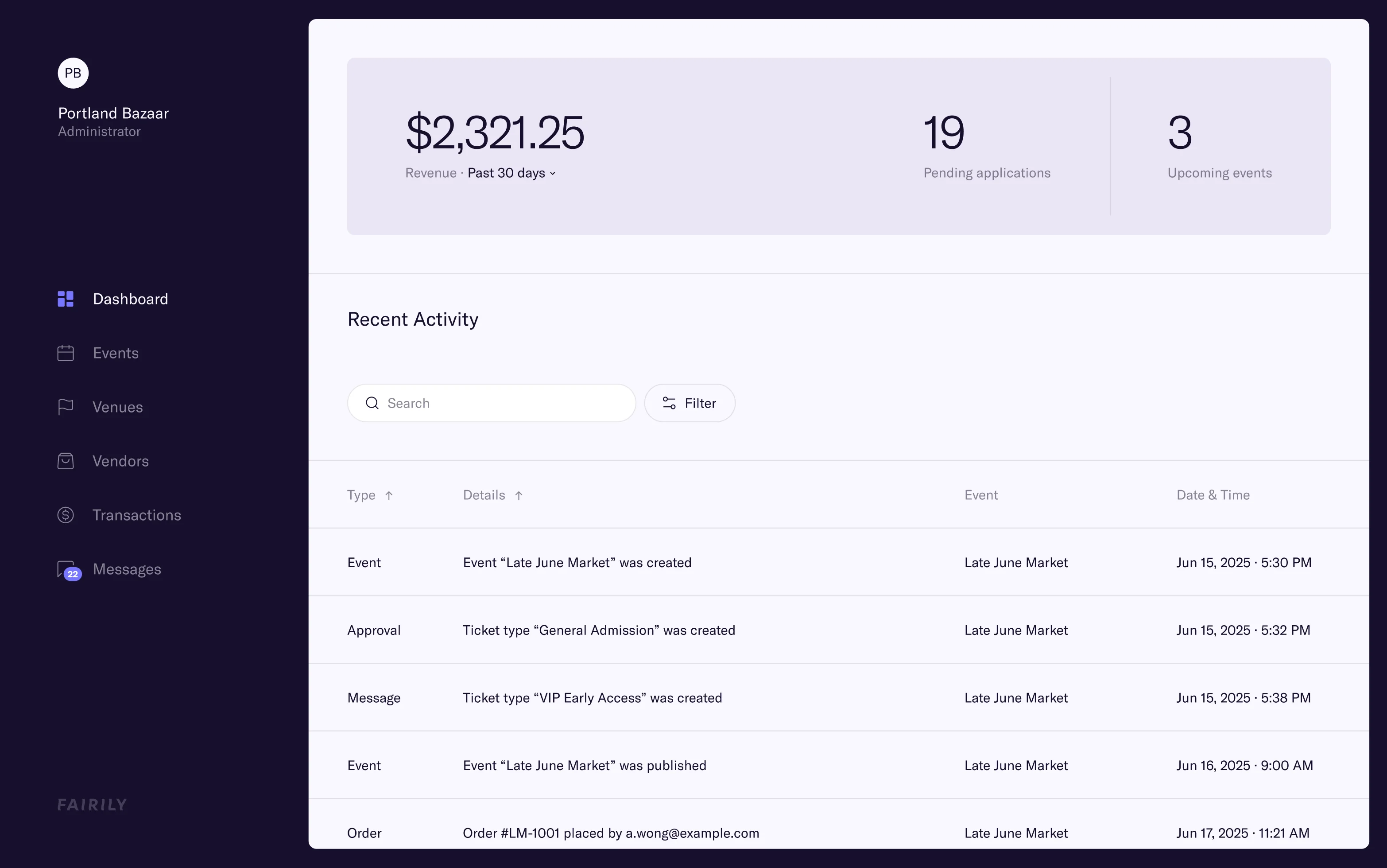 Organizer dashboard with revenue, pending applications, and recent activity