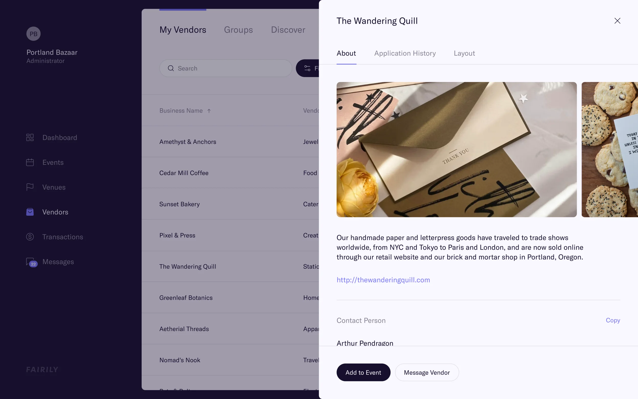 Vendor profile with product photos, description, and contact person