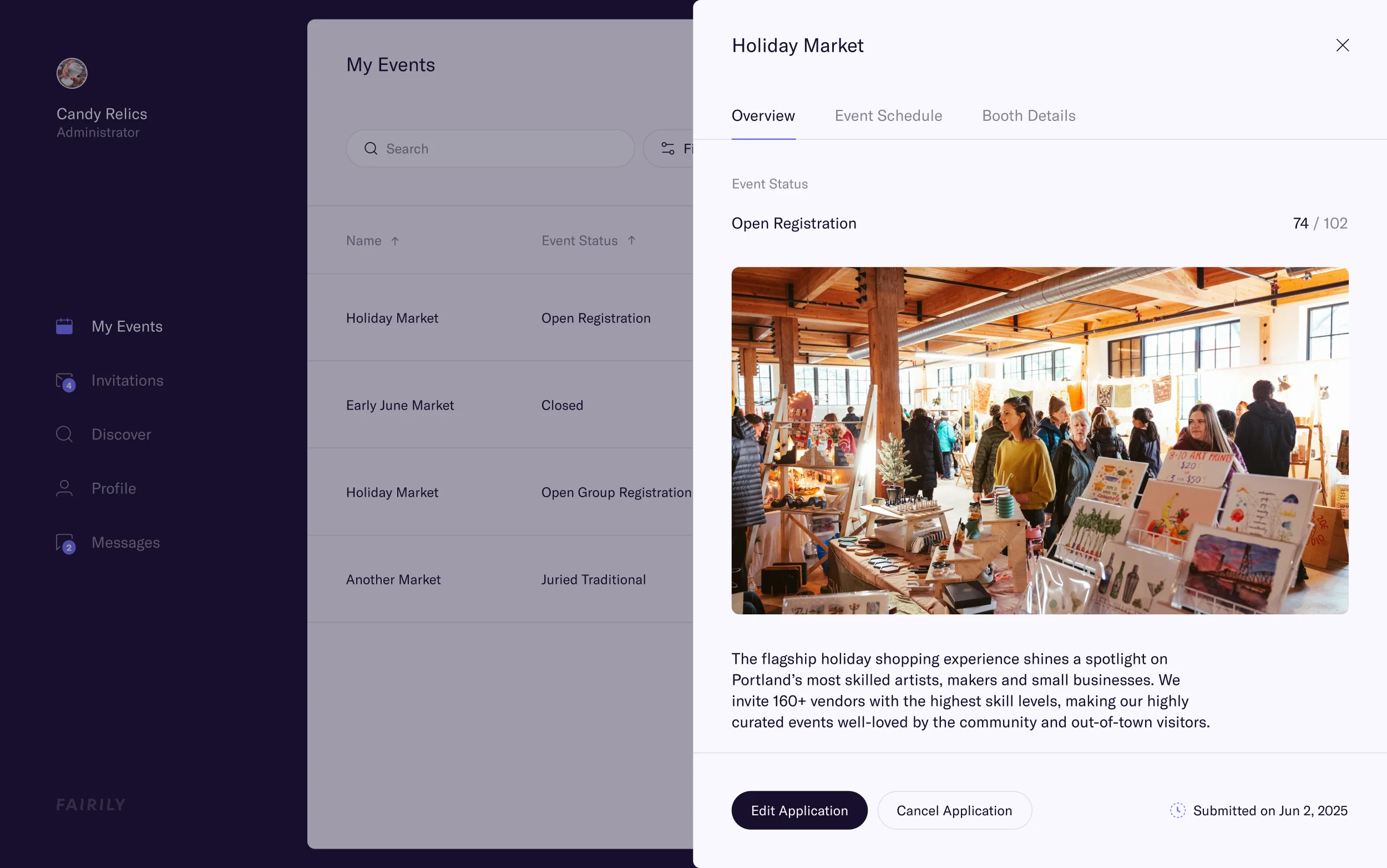Vendor event view showing registration status and a submitted application